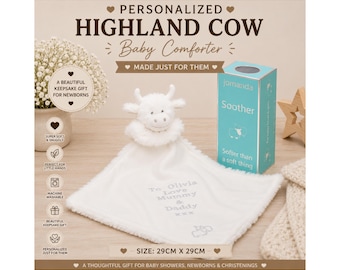 Personalised White Highland Cow Baby Comforter – Embroidered Name Soother 29cm, Newborn Baby Gift, Baby Shower Keepsake