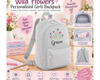 Mochila infantil personalizada con diseño de flores silvestres – Bolso infantil con nombre bordado, mochila escolar de 7 litros, regalo de vuelta al cole para niñas