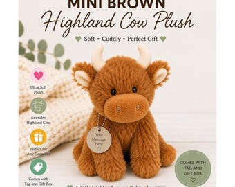 Mini Highland Cow Plush Toy with Personalised Engraved Tag & Gift Box, Cute Highland Cow Keepsake, Birthday Baby Gift
