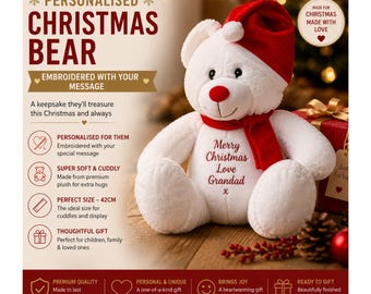 パーソナライズされたクリスマスベア 42cm – 刺繍メッセージ入りテディベア、カスタムクリスマス記念品、子供、家族、大切な人へのギフト