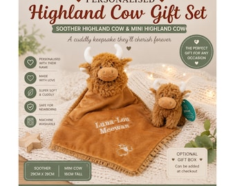 Personalised Highland Cow Baby Gift Set – Embroidered Baby Comforter & Mini Cow Soft Toy, Newborn Gift, Baby Shower Keepsake