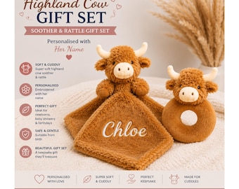 Personalised Highland Cow New Baby Gift Set – Embroidered Baby Comforter & Rattle, Newborn Baby Shower Gift, New Mum Keepsake