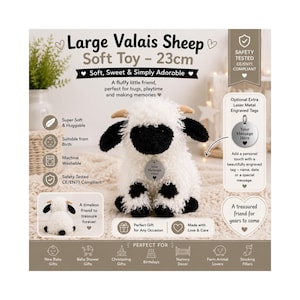 Personalised valais sheep soft toy 23cm, custom embroidered sheep plush, farm animal teddy, baby keepsake gift