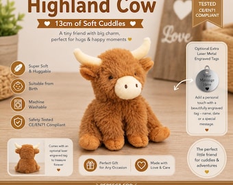 Personalised Mini Brown Long Horned Highland Cow 13cm, Custom Embroidered Highland Cow Plush, Scottish Cow Gift, Optional Laser Engraved Tag