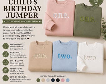 May include: Five long-sleeved crewneck jumpers in pink, olive green, tan, light blue, and white. Each jumper features embroidered text on the chest reading either one. or two. in a matching or contrasting thread color on the front center.