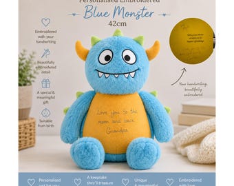 Personalised Blue Monster Handwriting 42cm – Custom Embroidered Message Soft Toy, Memorial Keepsake, Birthday Gift