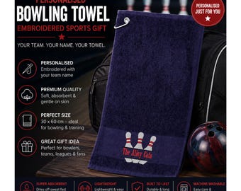 Personalisiertes Bowlinghandtuch – Bestickter Name oder Teamname, 30 x 60 cm, Bowling-Sporthandtuch, Geschenk für Bowling-Fans, Geschenk für Bowling-Teams