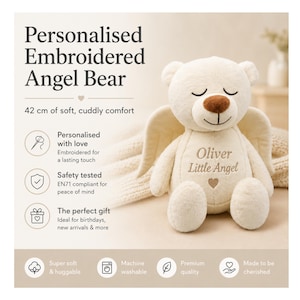 Personalised embroidered angel bear with wings 42cm, memorial teddy bear, baby loss gift , remembrance keepsake, custom angel bear