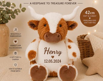 Personalised Texas Highland Cow – Custom Plush Soft Toy with Name or Message | Farm Animal Gift, Baby Keepsake, Nursery Décor