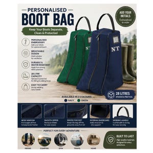 May include: Two tall, triangular boot bags in navy blue and forest green, each featuring a top carry handle, a front zipper, a clear identification window, and embroidered initials. The bags have a 28-liter capacity and include mesh ventilation windows, protective feet, and internal baseboards.