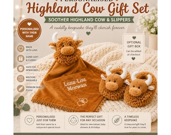 Personalised Highland Cow Baby Gift Set – Embroidered Baby Comforter & Cow Slippers, Newborn Baby Gift, Baby Shower Keepsake