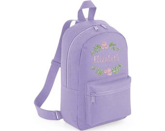 Flower Frame Backpack, Personalised Embroidered Girls Bag, Back to School, Nursery Bag, Floral Wreath
