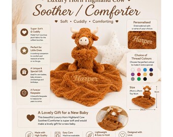 Personalised highland cow baby comforter – embroidered name soother, luxury newborn keepsake, baby shower & christening gift