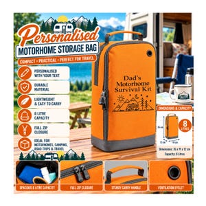 May include: An orange and gray rectangular storage bag with a top handle and a black zipper. The front features the text 'Dad's Motorhome Survival Kit' above a graphic of a motorhome, sun, and trees. It measures 35 cm by 19 cm by 12 cm.