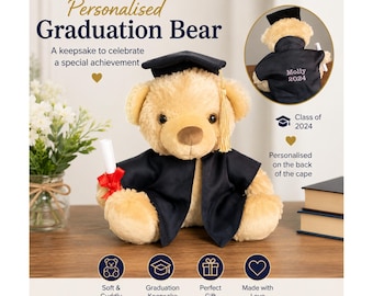 Personalised Graduation Bear with Embroidered Cape – Custom Name & Year Teddy Bear, Graduation Keepsake Gift for Her or Him