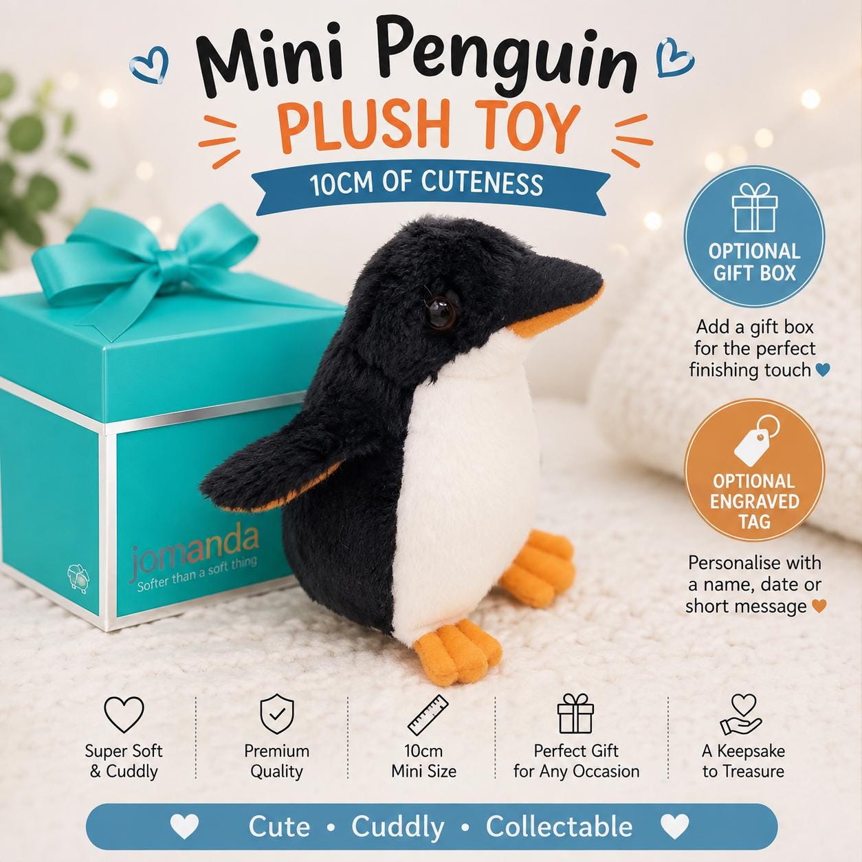 ミニペンギンぬいぐるみ 10cm、ギフトボックスと刻印タグはオプション