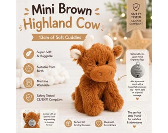 Personalised Mini Highland Cow Soft Toy 13cm, Custom Embroidered Highland Cow Plush, Baby Shower Gift, Scottish Cow Keepsake, Optional tag