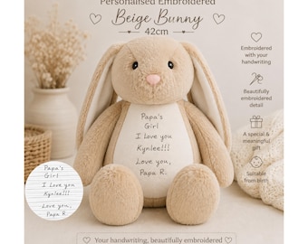 Personalised Beige Bunny Handwriting 42cm – Custom Embroidered Message Rabbit, Memorial Keepsake, Birthday Gift, Special Memory