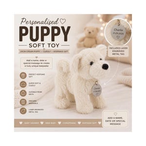 Personalised Cream Puppy Soft Toy 20cm with Engraved Metal Tag, Custom Plush Dog, Keepsake Gift, Baby Shower, New Baby, Birthday Gift