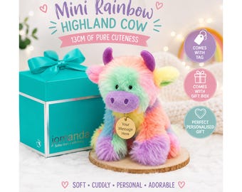 Personalised Mini Rainbow Highland Cow Plush 13cm, Engraved Tag & Gift Box, Cute Cow Soft Toy, Highland Cow Keepsake Gift