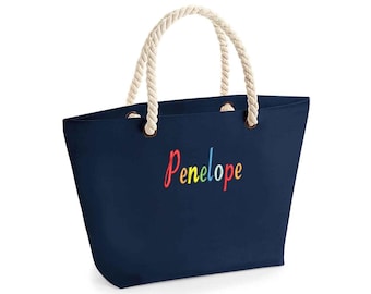 Personalisierte Strandtasche: Bestickter Regenbogen Name, Baumwollleinen