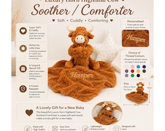Personalised Highland Cow Baby Comforter – Embroidered Name Soother, Luxury Newborn Keepsake, Baby Shower & Christening Gift