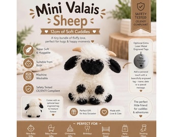 Personalised Mini Valais Sheep Soft Toy 12cm, Custom Embroidered Sheep Plush, Baby Shower Gift, Farm Animal Keepsake, Optional Laser Tag