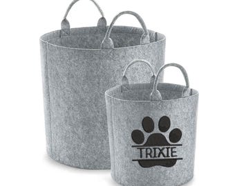 Panier brodé personnalisé pour animaux de compagnie : tapis de rangement en feutre avec empreintes de pattes
