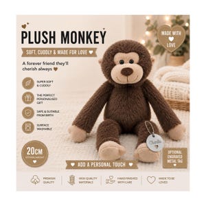 May include: A brown plush monkey with a light beige face, hands, and feet. A round silver metal tag engraved with the name Charlie and a heart symbol is attached to its leg. The text Plush Monkey and 20cm sitting height are visible.