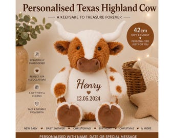 Personalised Texas Highland Cow – Custom Plush Soft Toy with Name or Message | Farm Animal Gift, Baby Keepsake, Nursery Décor