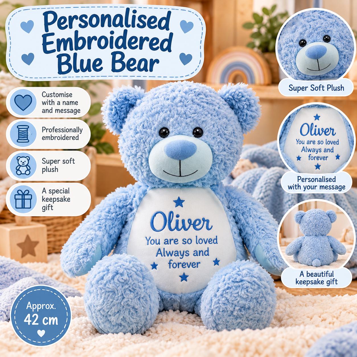 Personalised Embroidered Blue Teddy Bear – Custom Name & Message