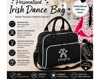 Personalised irish dance bag, embroidered name dance holdall, irish dancing feis competition bag, girls dance gift, 15l