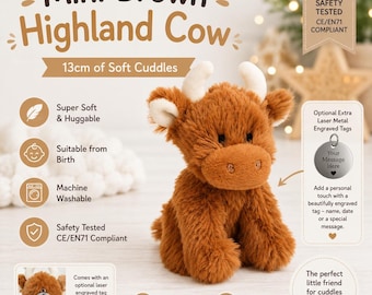 Personalised Mini Highland Cow Soft Toy 13cm, Custom Embroidered Highland Cow Plush, Baby Shower Gift, Scottish Cow Keepsake, Optional tag