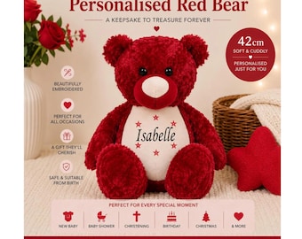 Personalised red bear plush – embroidered soft toy with name | custom teddy bear gift, valentine’s, birthday or keepsake present