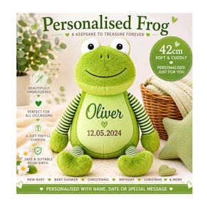 Personalised Embroidered Frog Teddy Bear 42cm, Custom Plush Frog with Name, Baby Keepsake Gift, New Baby, Baby Shower, Birthday Present