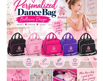 Personalised Dance Bag with Embroidered Name – Ballerina Ballet Shoes Design, Girls Dance Class Bag, 15L Ballet Gift