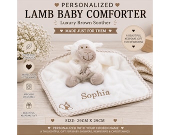 Personalised Lamb Baby Comforter – Embroidered Name Sheep Soother 29cm, Newborn Baby Gift, Baby Shower & Christening Keepsake