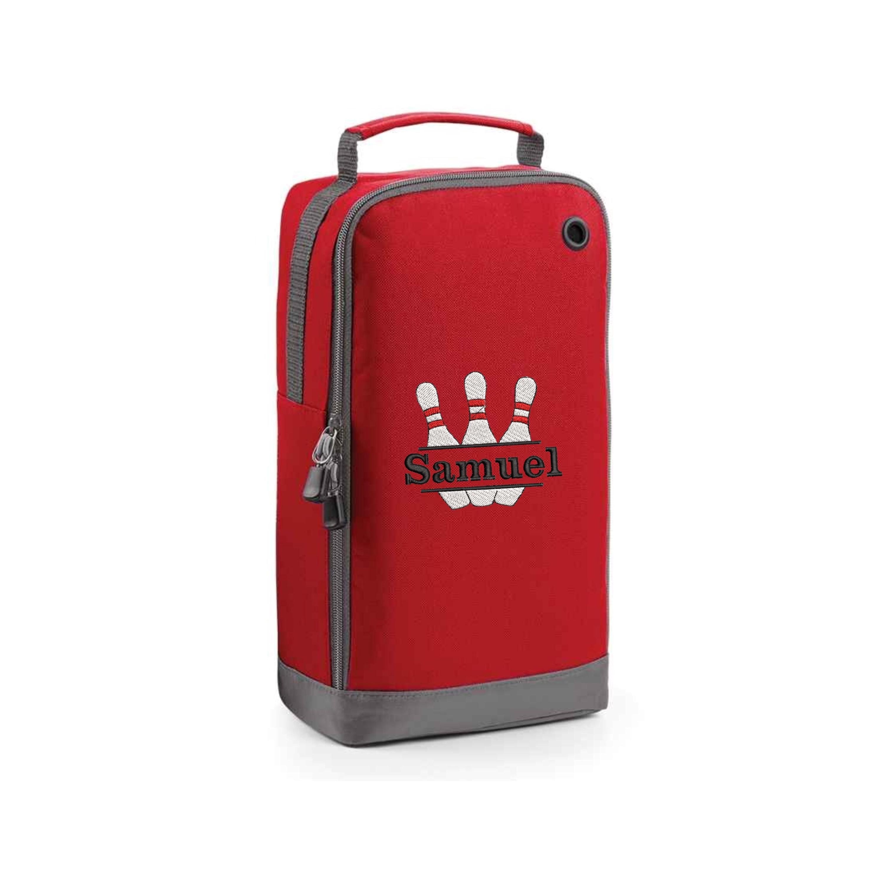 Ten Pin Bowling Shoe Bag Personalised With Embroidered Initials, Bowling Design, Various Colours