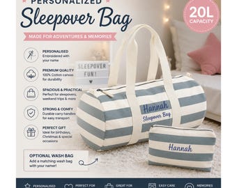 Spersonalizowana torba do spania w paski, haftowana torba podróżna dla dzieci, spersonalizowana płócienna torba na noc, opcjonalna kosmetyczka, 20 l