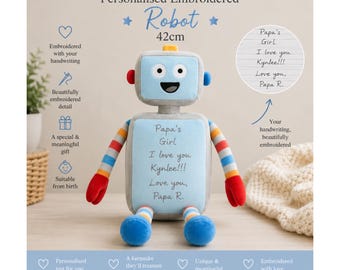 Personalised Handwriting Robot 42cm – Custom Embroidered Message Soft Toy, Memorial Keepsake, Birthday Gift, Special Memory