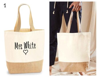 Gepersonaliseerde leraar tas, aangepaste leraar spullen tas, leraar tote tas, leraar geschenk, TA geschenk, dank u leraar aanwezig, jute lunchtas