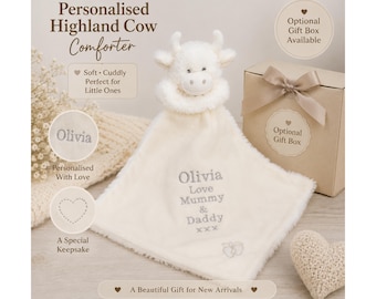 Personalised Cream Highland Cow Baby Comforter – Embroidered Name Soother, Newborn Baby Gift, Baby Shower Keepsake, Optional Gift Box