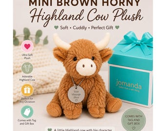 Mini Brown Highland Cow Plush with Personalised Engraved Tag & Gift Box, Cute Cow Soft Toy, Birthday Baby Keepsake Gift