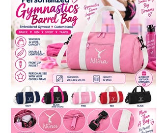Personalised gymnastics barrel bag – embroidered name gym bag, girls boys dance bag, gymnastics competition bag, 12l or 20l