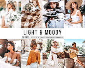 May include: A collection of Lightroom presets for desktop and mobile devices. The presets are designed to create a light and moody aesthetic in photos. The image shows several examples of how the presets can be used to edit photos.