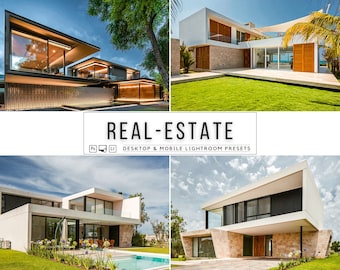 May include: Four images of modern homes with white and gray exteriors. The homes have large windows and are surrounded by lush green lawns. The text "REAL-ESTATE" is displayed in the center of the image.