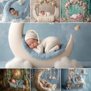 May include: A collection of newborn photography props featuring sleeping babies. The props include a crescent moon, swings, and a window scene, all decorated with soft colors, clouds, and floral arrangements. The babies are dressed in knitted outfits.