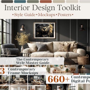 Puede incluir: Un kit de herramientas de diseño de interiores con el texto "Interior Design Toolkit" y el subtítulo "Style Guide Mockups Posters." La imagen muestra una sala de estar con un sofá, obras de arte y el texto "The Contemporary Style Master Guide."