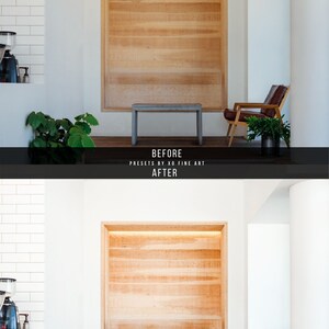 May include: A before and after image showing the difference in color and lighting of a room with a wooden wall, a chair, a bench, and plants. The text "BEFORE" and "AFTER" is displayed below the images. The text "PRESETS BY XO FINE ART" is displayed between the words "BEFORE" and "AFTER".