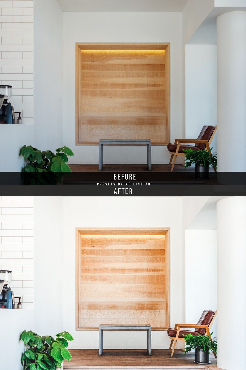 May include: A before and after image showing the difference in color and lighting of a room with a wooden wall, a chair, a bench, and plants. The text "BEFORE" and "AFTER" is displayed below the images. The text "PRESETS BY XO FINE ART" is displayed between the words "BEFORE" and "AFTER".